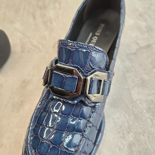 Preppy Platform Loafers Sz 6 Blue Croc Patent Leather Chunky Heeled Dress Shoes - Picture 13 of 13