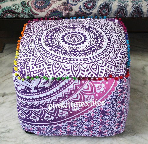 Square 18" Inches Inches Ottoman Mandala Pouf Cover Cotton Floor Cushion Cover - Picture 2 of 3