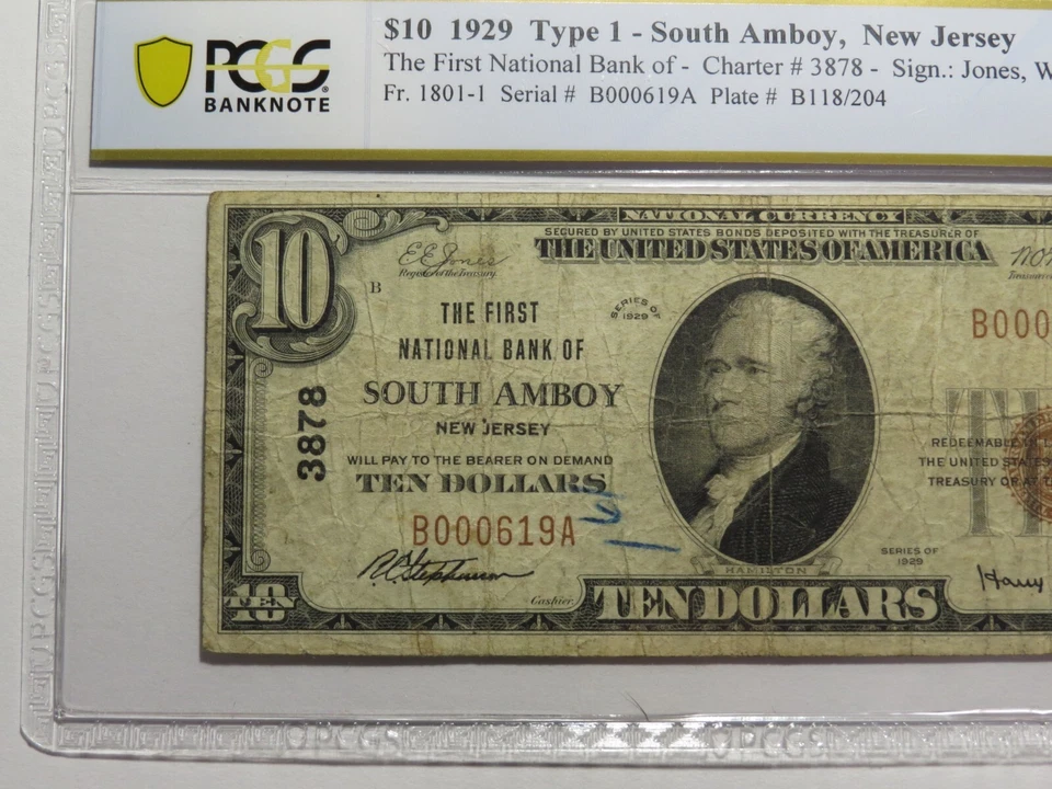 $10 1929 South Amboy New Jersey National Currency Bank Note Bill #3878 VF20 PCGS - Image 3 of 4