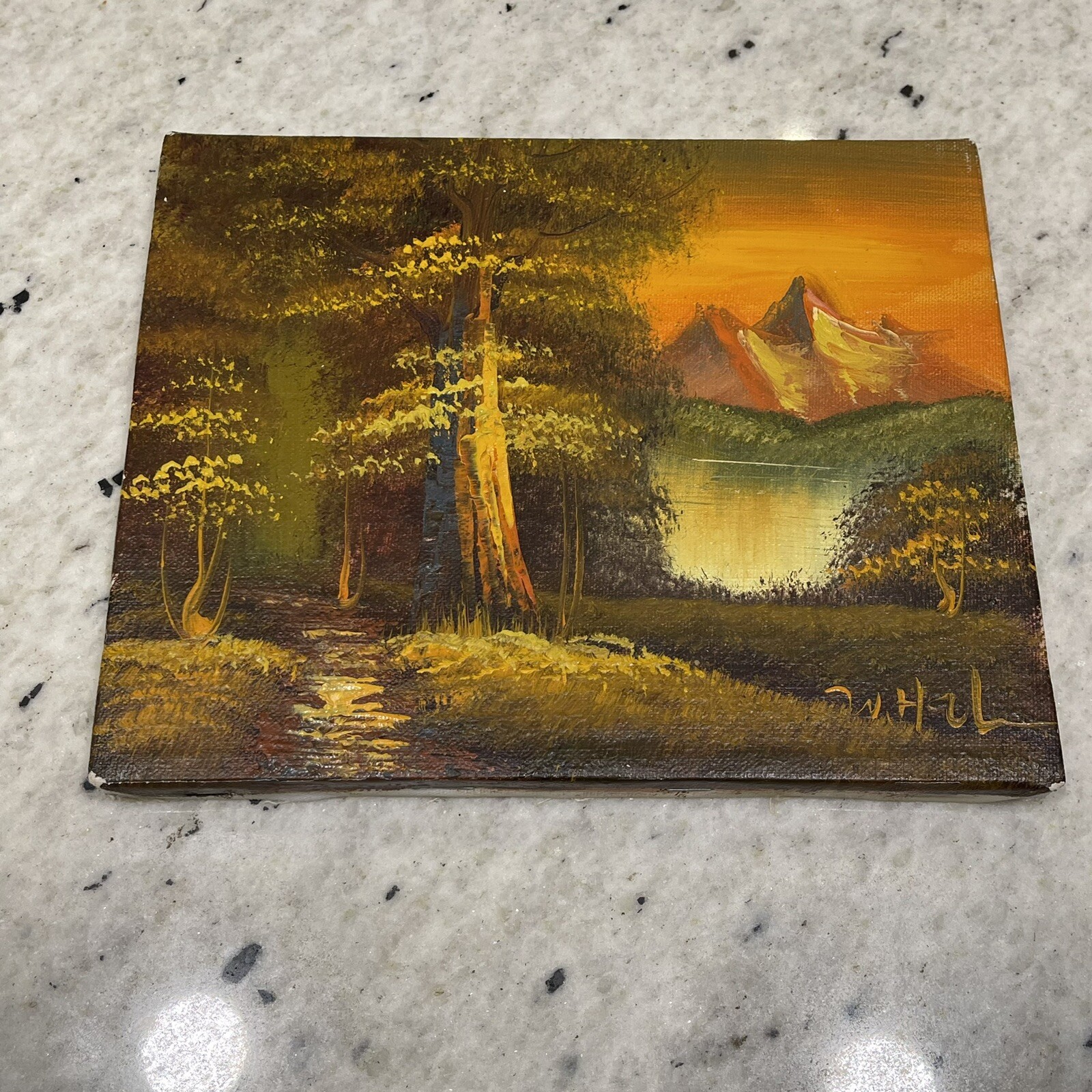 2 Original Oil Painting Landscape Sunset Mountain Lake Signed Peter & W