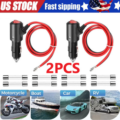 2pcs 12-24V Fused LED Car Cigarette Lighter Plug Socket Cable Adapter w/ Switch