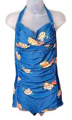Blue Floral Halter One Piece Swimsuit XL Ruched Tummy Control Boy Shorts