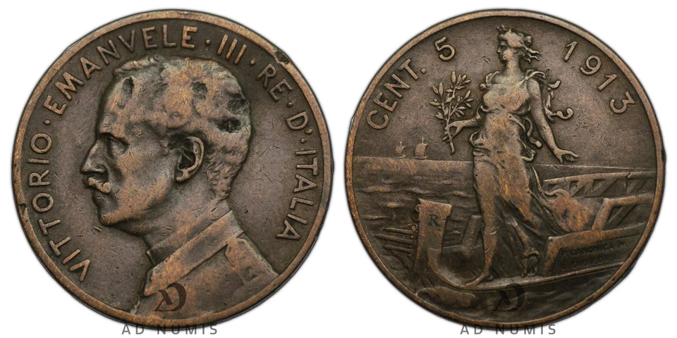 Italie 5 cent 1913 R Vittorio Emanuele III cuivre pièce de monnaie italienne - Photo 1/1