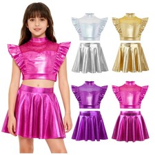 US Kids Girls Metallic A-Line Skirt Set Flutter Sleeve Crop Top Dance Costume