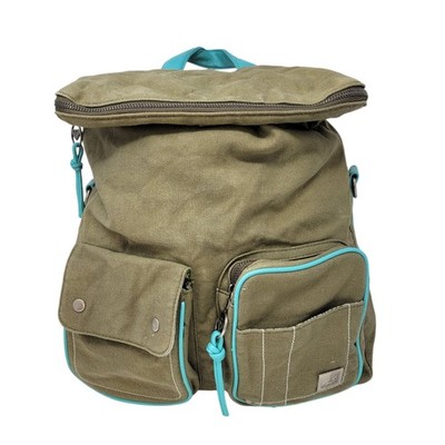 Vtg Roxy Canvas Backpack Olive Green Turquoise Trim Floral Y2K Surfer Girl