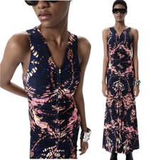 New Serafina Gathered Midi Dress Medium M in Navy Shibori Sleeveless V-Neck $495