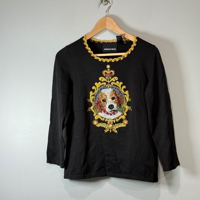 Michael Simon Vintage Silk Blend Beagle Dog Beaded Embroidered Knit Top Black M