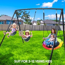 600lbs Heavy Duty Metal A Frame Swing Set with 3 Swings Kids Adult Backyard Play