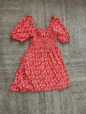 Gap Women’s Dress Red Floral Smocked Puff Sleeve Pockets Size Medium Cottagecore