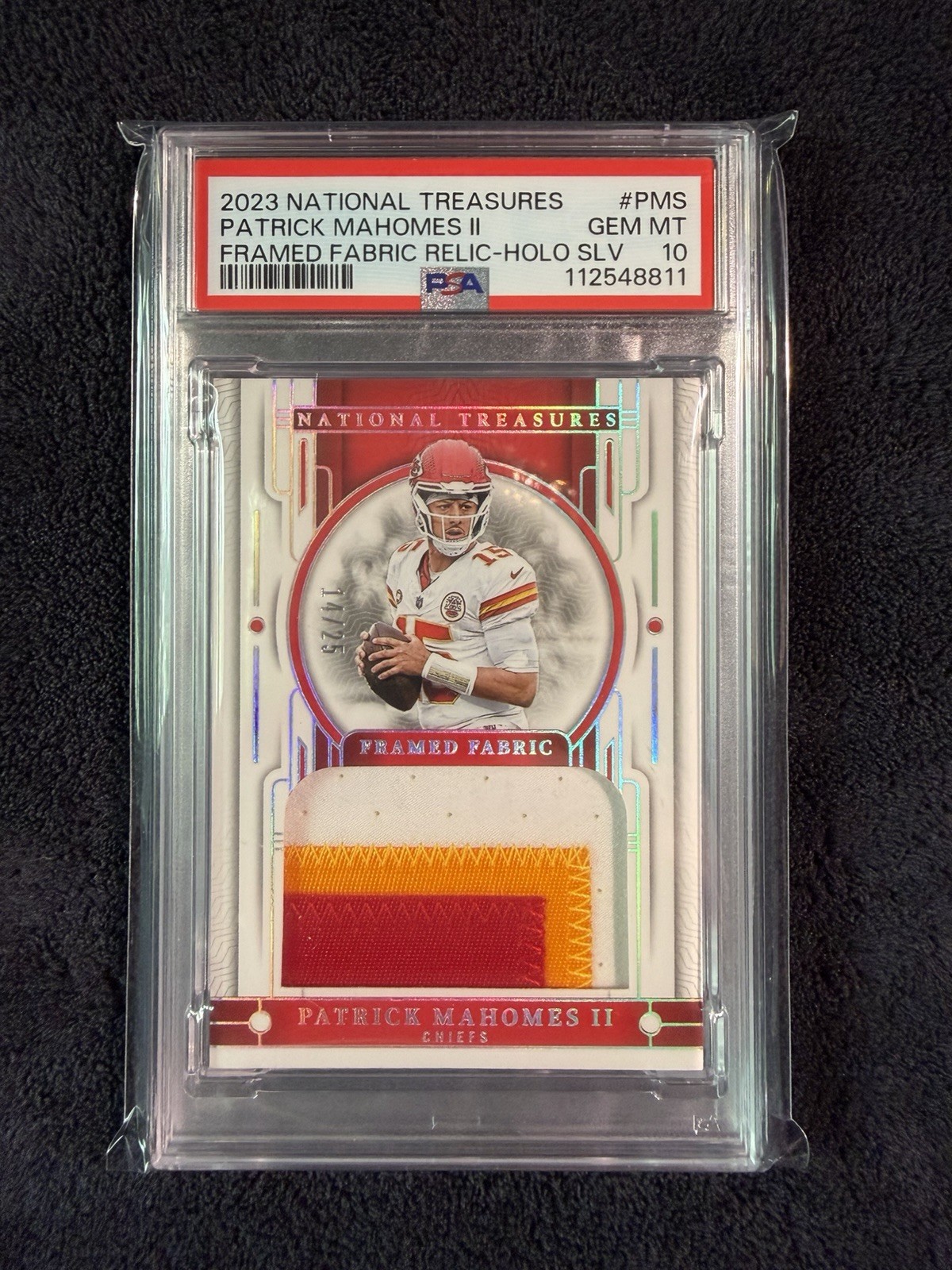 2023 National Treasures Framed Fabric Relic Holo Patrick Mahomes II /25 PSA 10 view 1