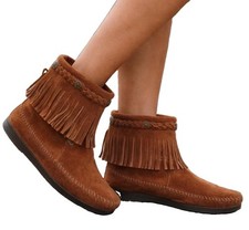Minnetonka Womens Brown Suede Fringe Back Zip Moccasin Ankle Boots Size 6 boho