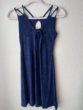 Navy Blue Floral Print Dress with lace up front and spaghetti straps. Size M