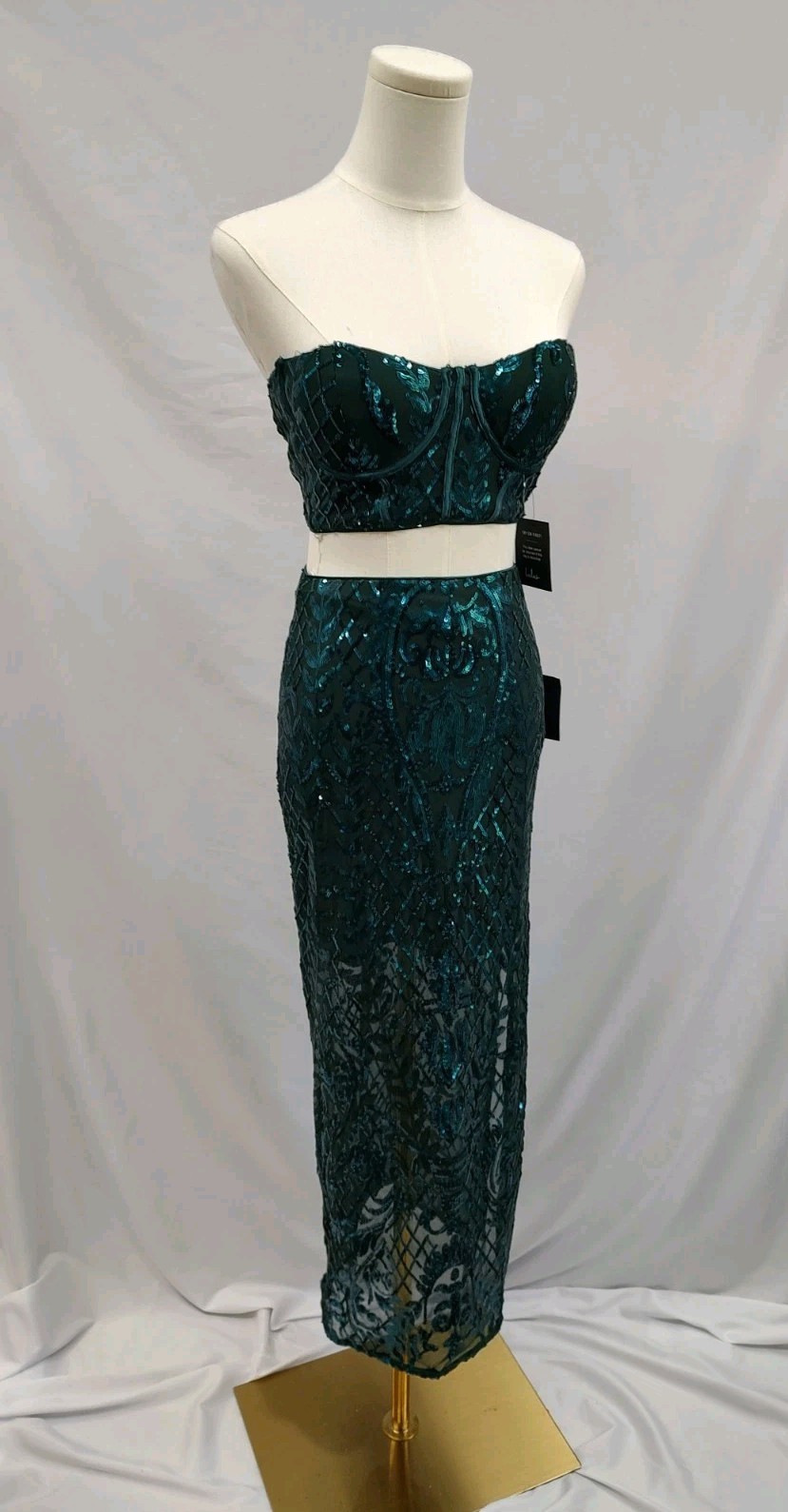 Nuevo con etiquetas Conjunto de Falda Bustier Lulus Verde Oscuro Lentejuelas Falda Transparente Parte Inferior Fiesta Formal XS