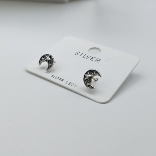 Real Solid 925 Sterling Silver Star Moon Stud Earrings - Picture 3 of 6