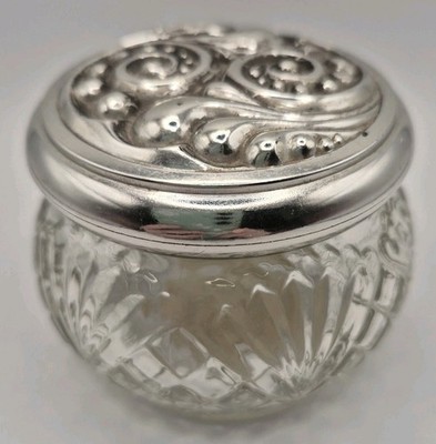 Vintage Beautiful Glass Vanity Jar Metal Ornate Lid Avon Rich Moisture Cream