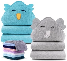 2 Pack Hooded Baby Towel Rayon Made from Bamboo and 8 Washcloths - Lovely Ele...