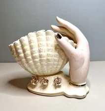 Vintage Ucagco Victorian Lady’s Hand Holding Shell Vase Pink And Gold