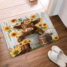 Cute Highland Cow Bath Rug Mat, Farmhouse Rustic Cattle Sunflower Western Flanne