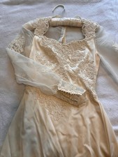 Vintage 1970s  Ivory Lace Satin Victorian Wedding Dress Long Sleeve