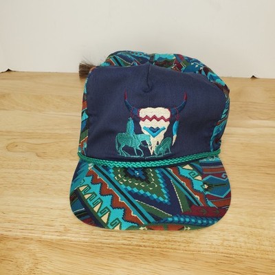 Vintage Bob Massey Hat Cap Tie Back Buffalo Skull Western Aztec Blue