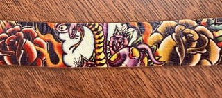ED HARDY Black Leather & Multicolor Dragon/Roses Printed Belt LARGE 40” Long