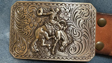 Vtg Nocona Leather Western Belt 40 Silver tone buckle cowboy on horse tooled