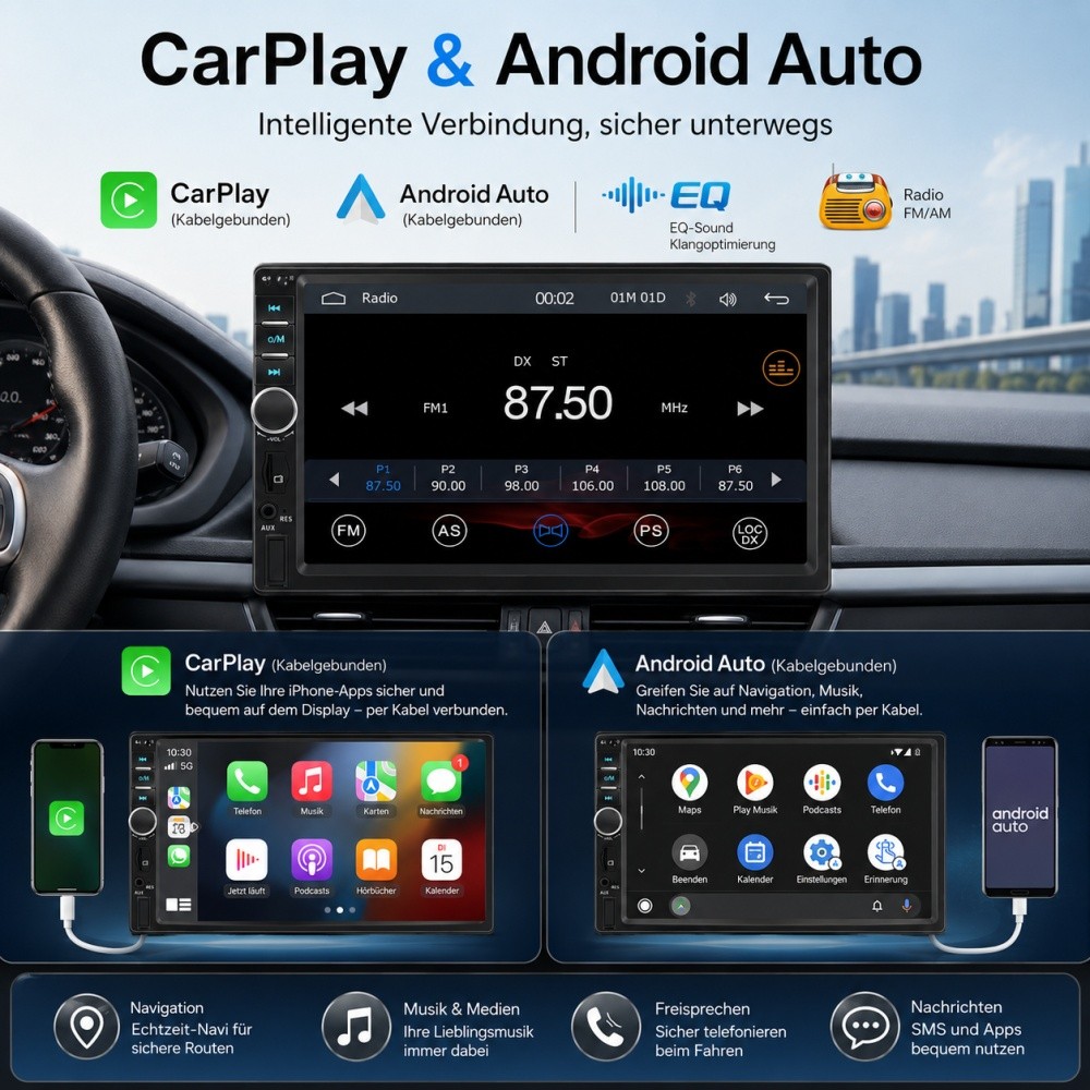 Autoradio 7 pollici doppio 2 DIN Android auto Apple Carplay Bluetooth USB TF EQ AUX foto 2