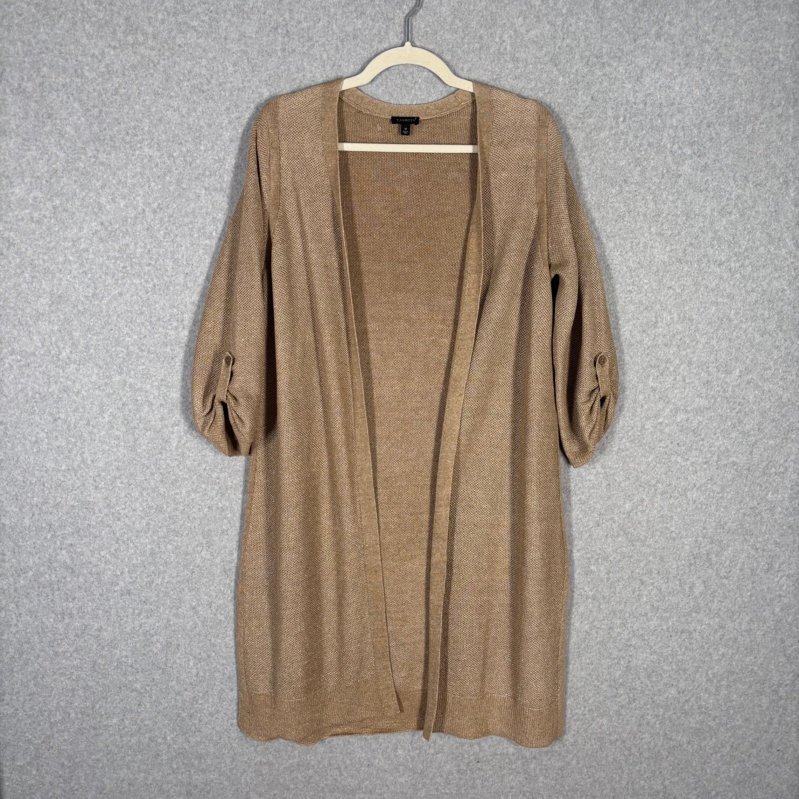 Talbots Gold Metallic Linen Cardigan Sweater Medium Sheer Duster Shimmer Holiday