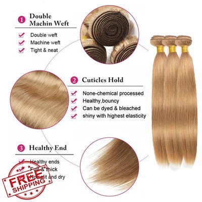 #27 Honey Blonde Straight Human Hair Bundles 3ct 16-20'' Remy Virgin Weave