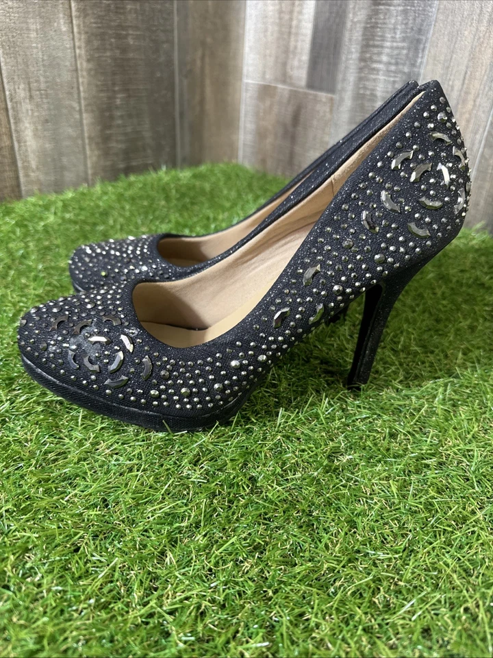 Delicacy Black Heels Size 9 Sparkly Rhinestone High Heel Dress Shoes Formal - Image 2 of 4