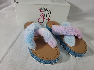 Olivia Miller Girl Sz 2 Sandals Blue Bling Flats & Fleece Straps  -NEW & FR SHIP