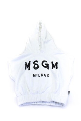 MSGM Designer Cropped / Short Girls Ruched Hem Graphic Hoodie Top White Size 12