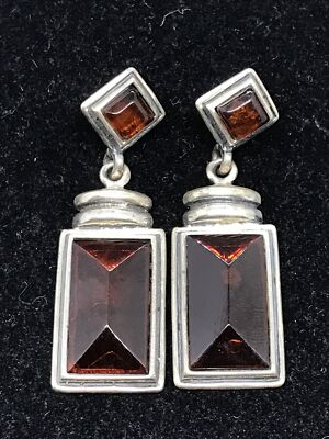 Vintage Sterling Silver 925  Amber Stones Pierced Dangle Earrings Makers Marked
