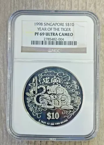 1998 Singapore $10 Lunar Series The Year of the Tiger 2 oz Silver PF 69 NGC