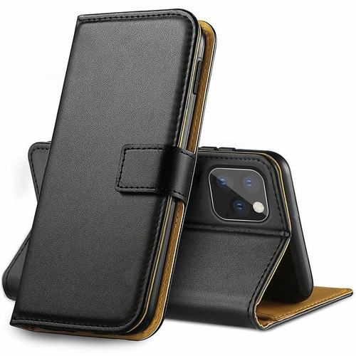 Luxus schwarz Echtleder Ständer Etui mit Kartensteckplatz für Apple iPhone 12 Pro Max - Bild 1 von 5