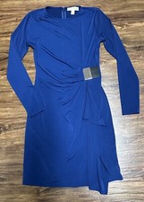 Michael Kors Gathered Matte Jersey Dress Solid Blue Long Sleeve Sheath Size S