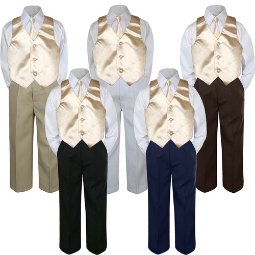 4pc Boys Baby Toddler Kids Champagne Vest Necktie Formal Set Suit S-20 - 第 1/7 張圖片