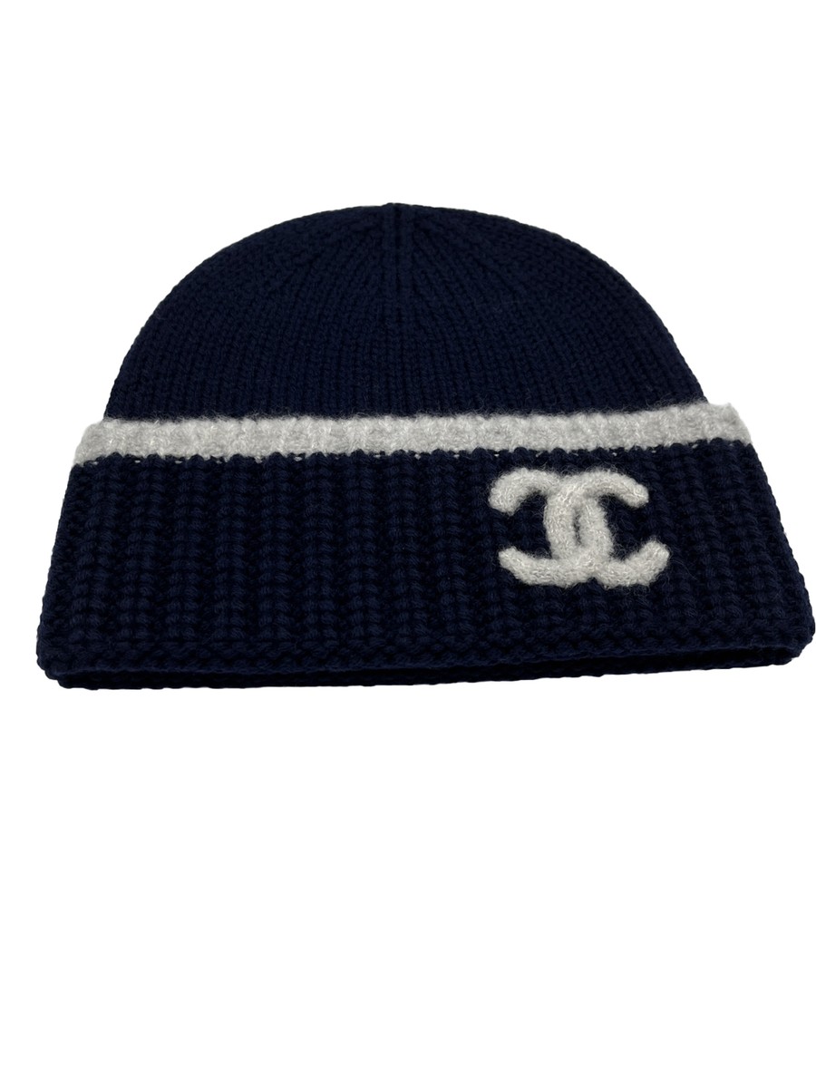CHANEL ネイビー ビーニー Authentic Chanel Navy Dark Blue Beanie Hat CC logo Brand New | eBay