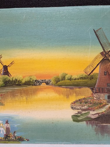 VINTAGE SIGNED M. ALLEN OIL PAINTING DUTCH WINDMILL LAKE LANDSCAPE SCENE - Picture 3 of 10