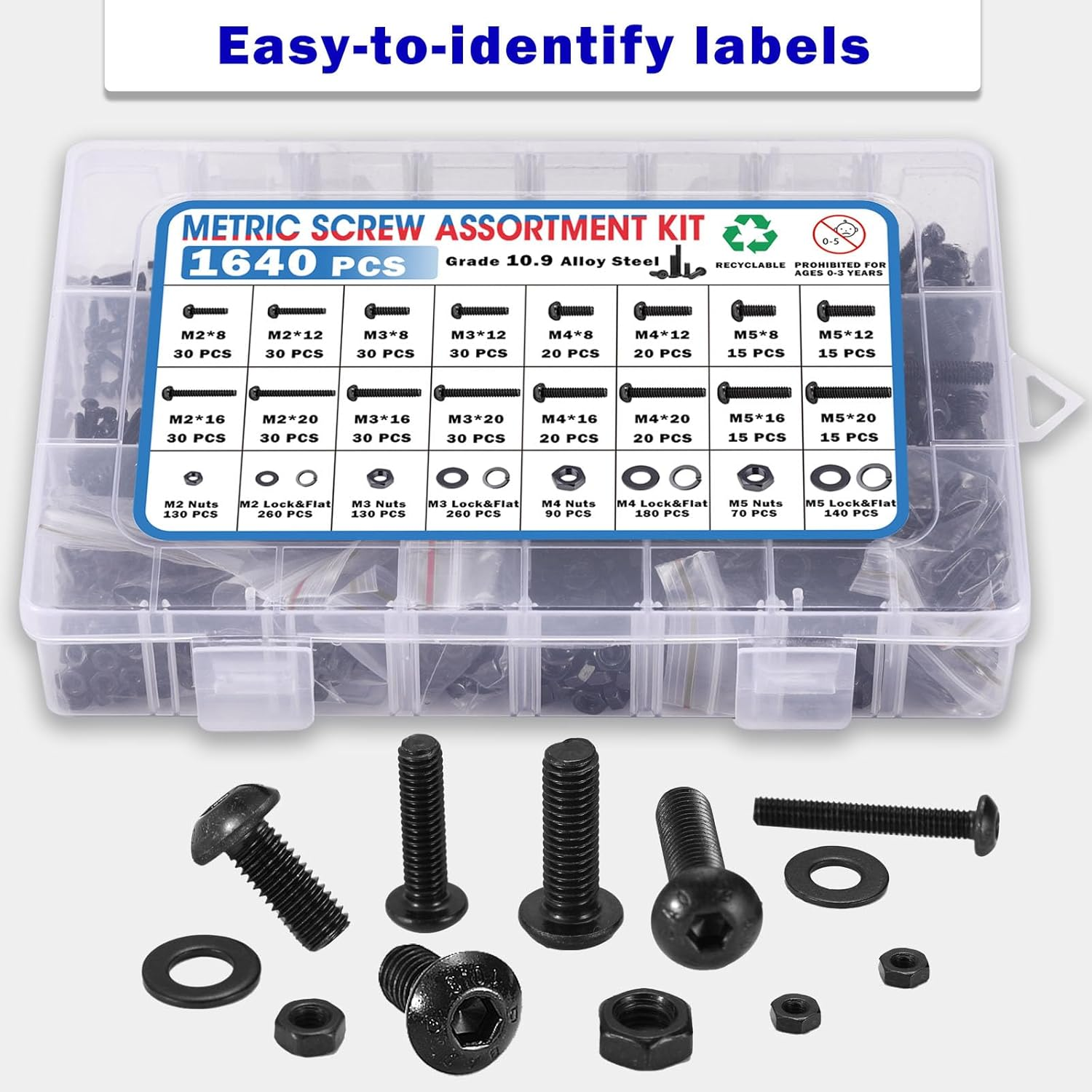 1640 PCS Metric Machine Screw and Nut Assortment Kit M2 M3 M4 M5 Hex Socket