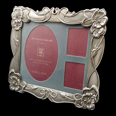 Jennifer Moore 3-Photo Collage Picture Frame, vtg Silver Grey Pewter Flowers NIB