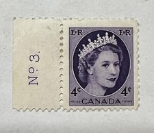 1954-1962 CANADA 4C MH OG STAMP WILDING  NO. 3  PLATE NUMBER QUEEN ELIZABETH II
