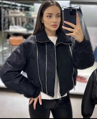 NWT!! ZARA NAVY PINSTRIPE COMBINED BOMBER JACKET MULTI ZIP PADDED