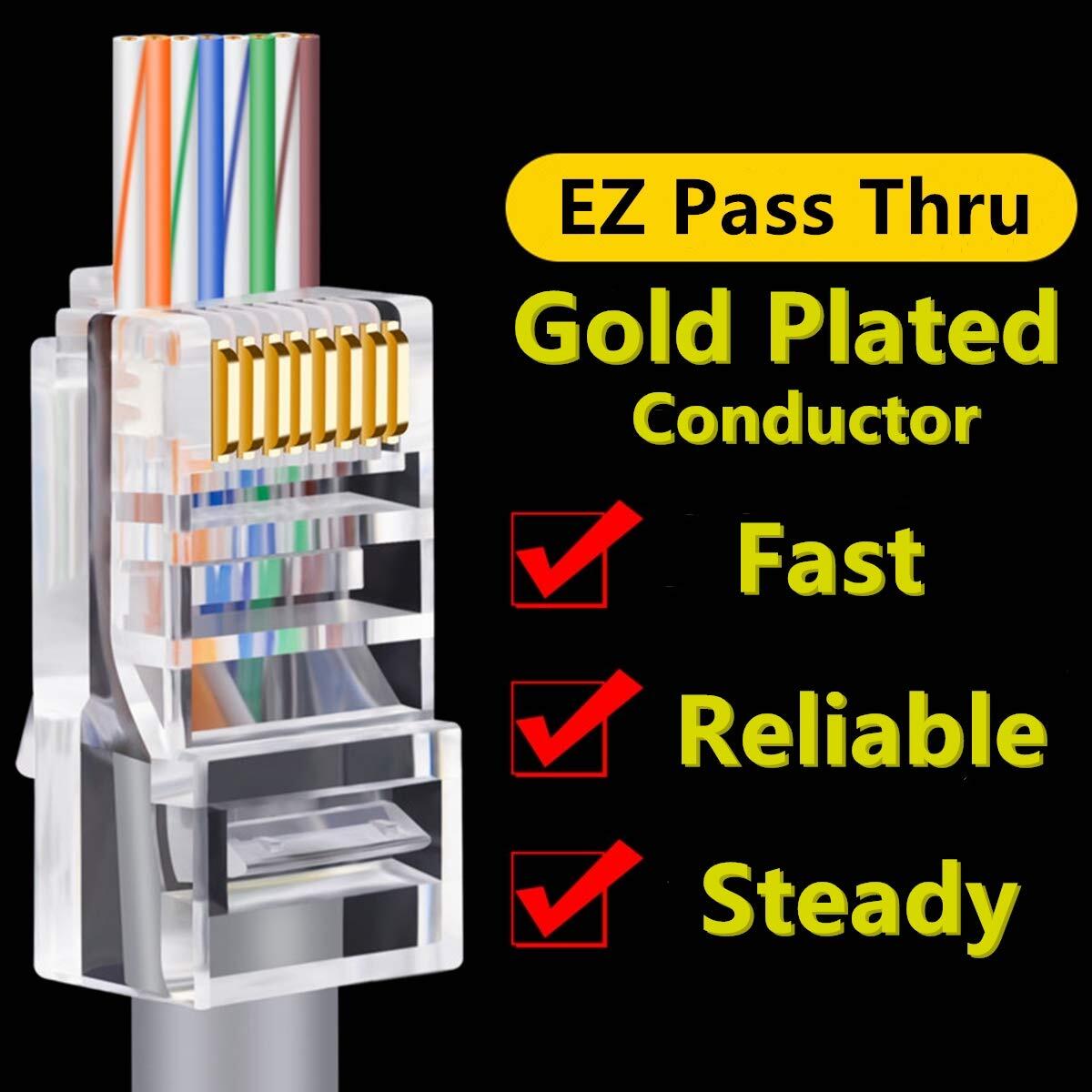 100-Pack RJ45 Cat6 Pass Through Connectors Gold Plated for Ethernet Cables