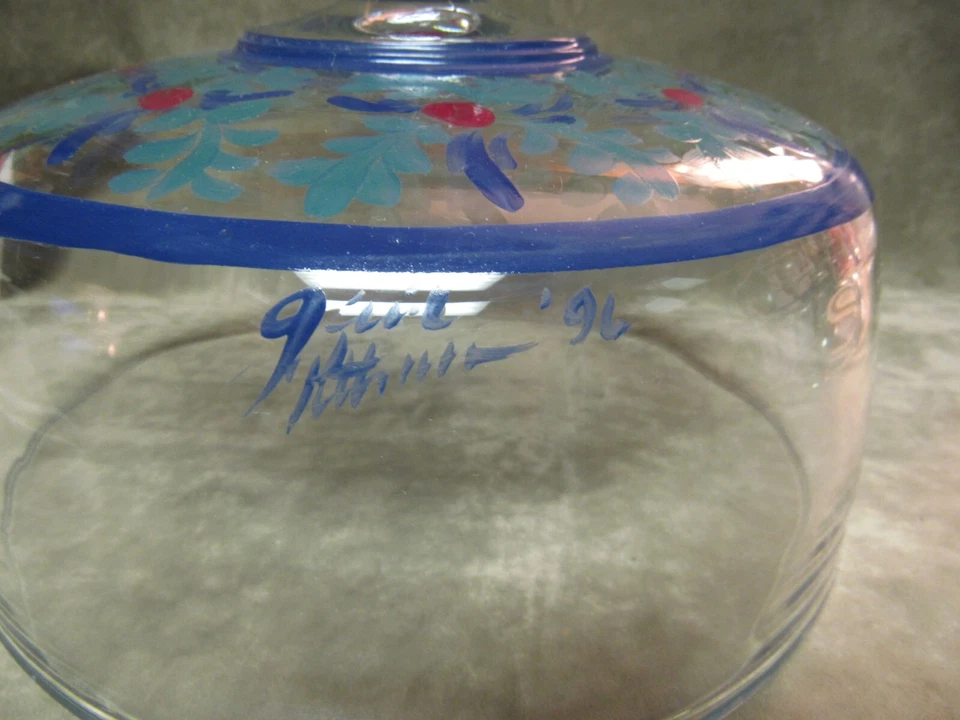 1996 Подписанный Gail Pittman стеклянный торт чехол только вручную цветочный дизайн синий - Изображение 2 из 4