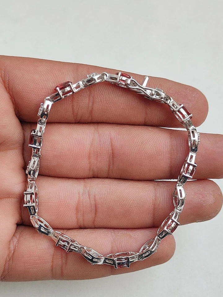 8.85 Karat Granat & Weiß Topas Tennis Armband 925 Massives Sterlingsilber - Bild 4 von 4