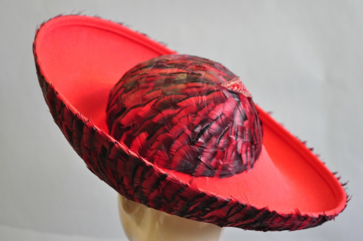 Vintage Jack McConnell Red Feather Rhinestone Wide Brim Wool 