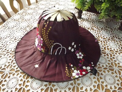 Collapsible Oriental Garden Hat, Burgundy/Maroon with Flowers and Chin Strap