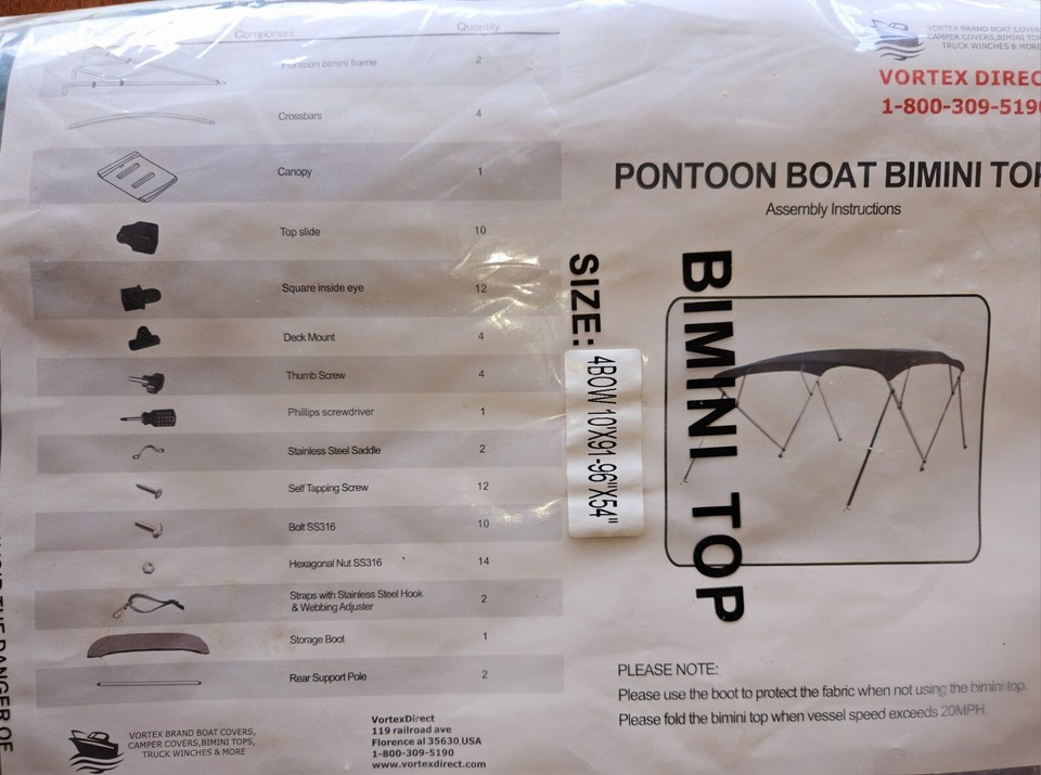 Pontoon Bimini Top Replacement Canvas Cover Zippered Pockets Stern