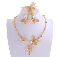 New Gold Plated Two Tone Metal Butterfly Necklace Bracelet Earring Set LBT174...